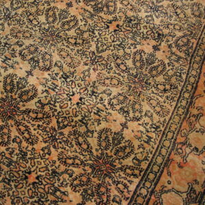 Low-pile rug features a dense repeating pattern outlined in black on a tan and faded peach background.