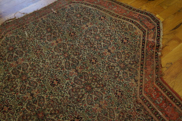 Detailed corner of a worn, patterned rug featuring red borders and a dense beige field on wood flooring.