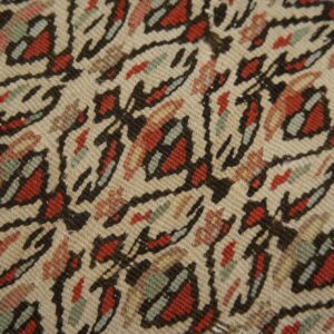 Beige rug close-up showing low pile and an abstract design outlined in dark brown with red and muted green.