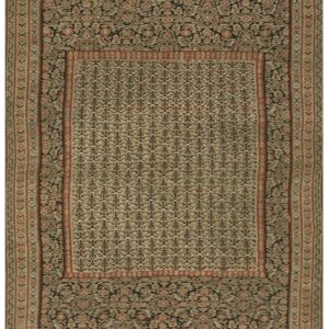 Traditional runner featuring dark borders framing a light, densely patterned central panel.