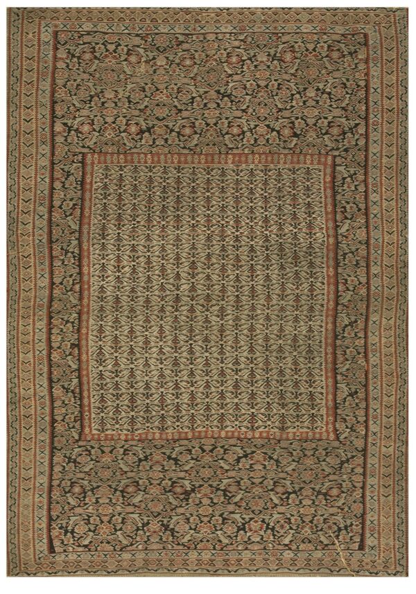 Traditional runner featuring dark borders framing a light, densely patterned central panel.