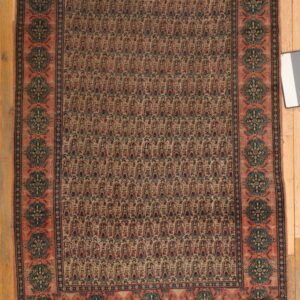 Muted tan, rust, and dark blue rug featuring a dense pattern and wide salmon border on wood floor.