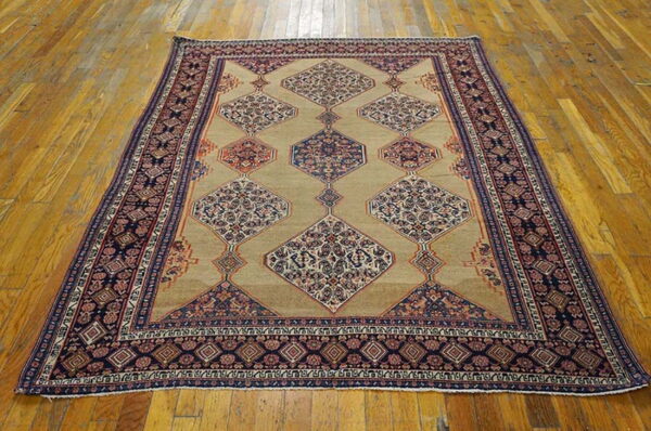 Tan rug with large, linked navy blue and red geometric medallions on a polished wood floor.