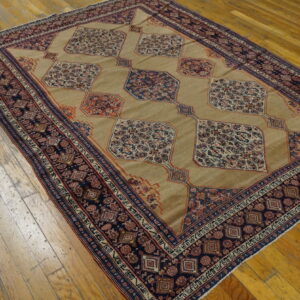 Traditional rug with a beige field, navy and rust octagonal medallions, and a dark patterned border on wood.