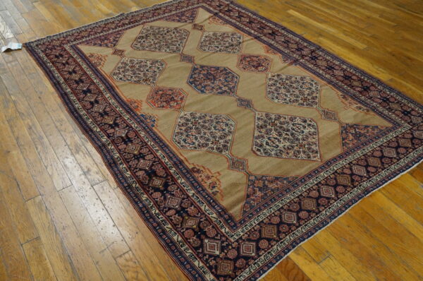 Traditional rug with a beige field, navy and rust octagonal medallions, and a dark patterned border on wood.