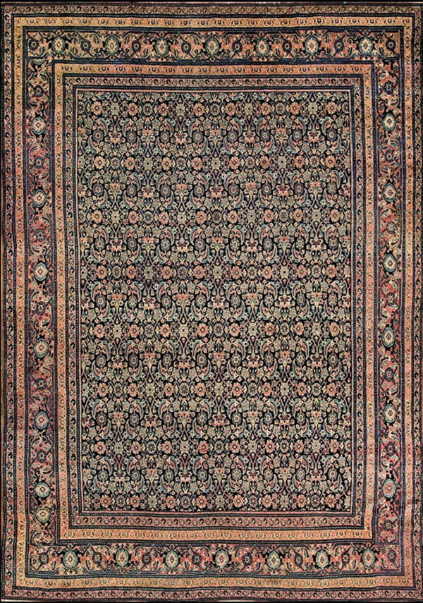 Dark, traditional rug densely patterned with ornate floral motifs in muted pink, teal, and beige.