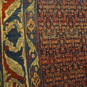 Blue, red, and gold patterned rug displaying a dense field and ornate border on wood flooring.
