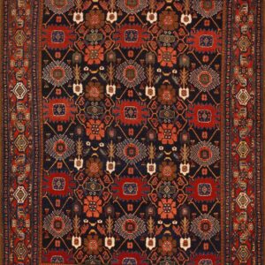 Dark field rug with rust, navy, and brown geometric motifs surrounded by a detailed, multi-layered red border.