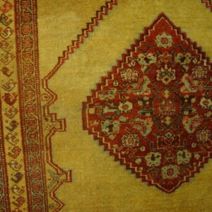 Detail of a gold rug with a red and green border and a stepped diamond pattern on dark wood floor.