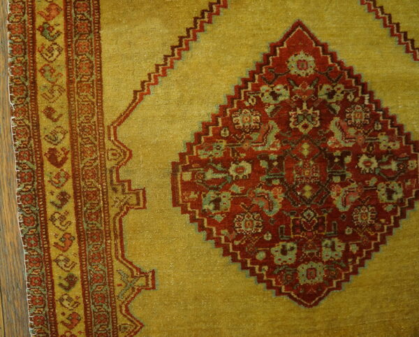Detail of a gold rug with a red and green border and a stepped diamond pattern on dark wood floor.