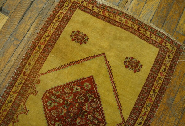 A gold and red patterned rug with detailed borders sits atop worn, distressed wide-plank wood floor.