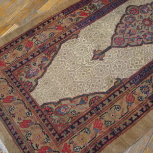 Traditional tan rug with red and blue intricate patterns, featuring a large center medallion, on worn wood flooring.
