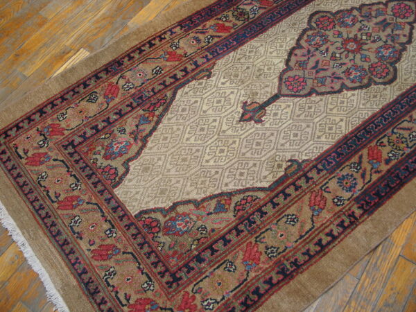 Traditional tan rug with red and blue intricate patterns, featuring a large center medallion, on worn wood flooring.