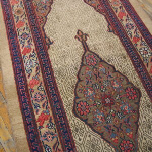 Tan and beige rug runner featuring a central floral medallion and multiple red and navy borders on wood floors.