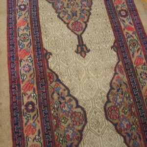 Traditional runner rug in beige, red, and dark blue with complex borders resting on wood flooring.