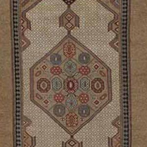 Vertical rug runner displaying a chain of complex geometric medallions in muted multi-colors on a light tan ground.