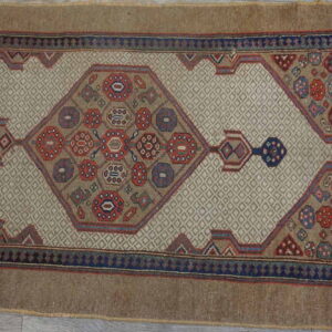 A brown runner rug featuring a beige diamond lattice field and colorful central geometric motifs rests on wood planks.