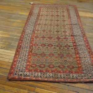 A long runner rug featuring tan, red, and blue geometric patterns rests on distressed wooden floors.