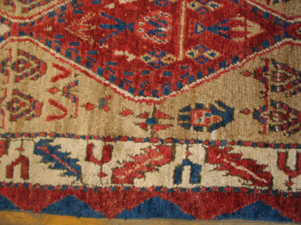Detail of a high-pile rug border in red, blue, and tan geometric designs resting on a wood floor.
