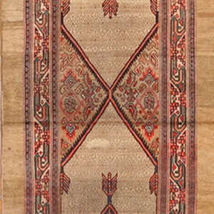 Tan runner rug with geometric diamond medallions, a repeating all-over pattern, and multi-layered red borders.
