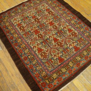Geometric patterned rug in red, blue, gold, and tan with a dark border on light wood flooring.
