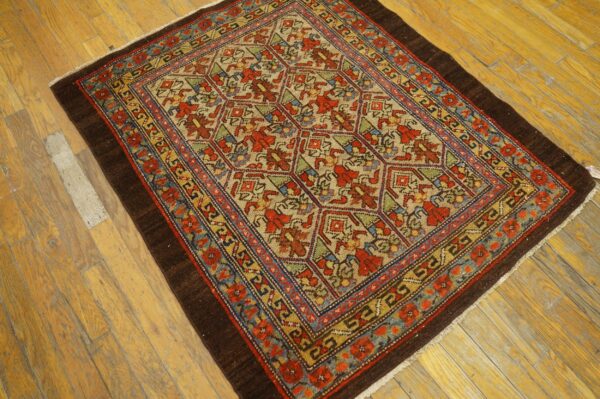Geometric patterned rug in red, blue, gold, and tan with a dark border on light wood flooring.