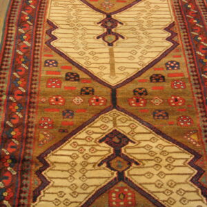 Geometric runner rug with alternating tan and brown fields, bordered by rust-red floral designs on wood.