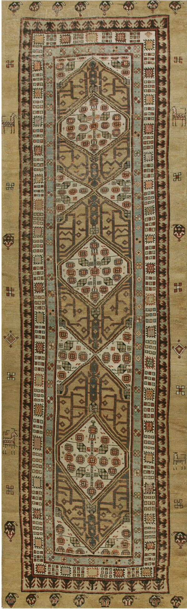 Muted tan runner rug with stacked geometric borders and a central field of connected diamond medallions.