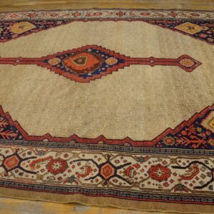 Geometric rug with a tan center field and dark blue, red, and brown tribal border designs on wood planks.