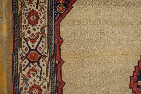 Detailed view of a rug corner with a beige textured field next to a red, blue, and cream patterned border.