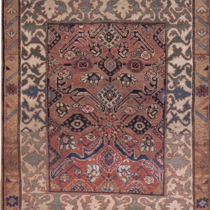 Muted traditional rug featuring a rust-red medallion field bordered by intricate beige and sage green patterns.