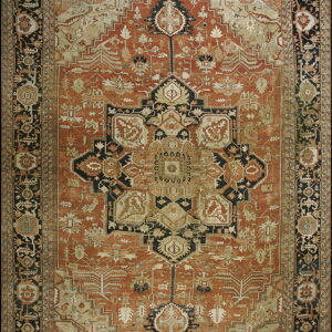 Traditional rust-colored rug with a large stepped medallion, detailed motifs, and a wide dark border.