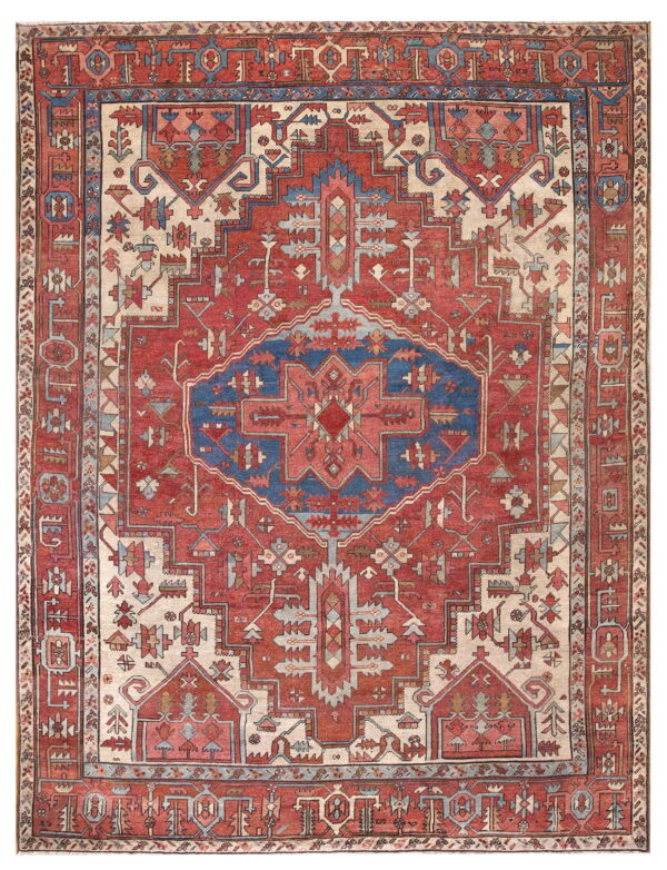 Red, cream, and blue rug featuring a bold, stepped central geometric medallion design.