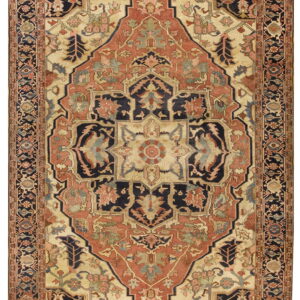 Traditional patterned rug with a large terracotta and navy central medallion and detailed botanical motifs on a tan background.