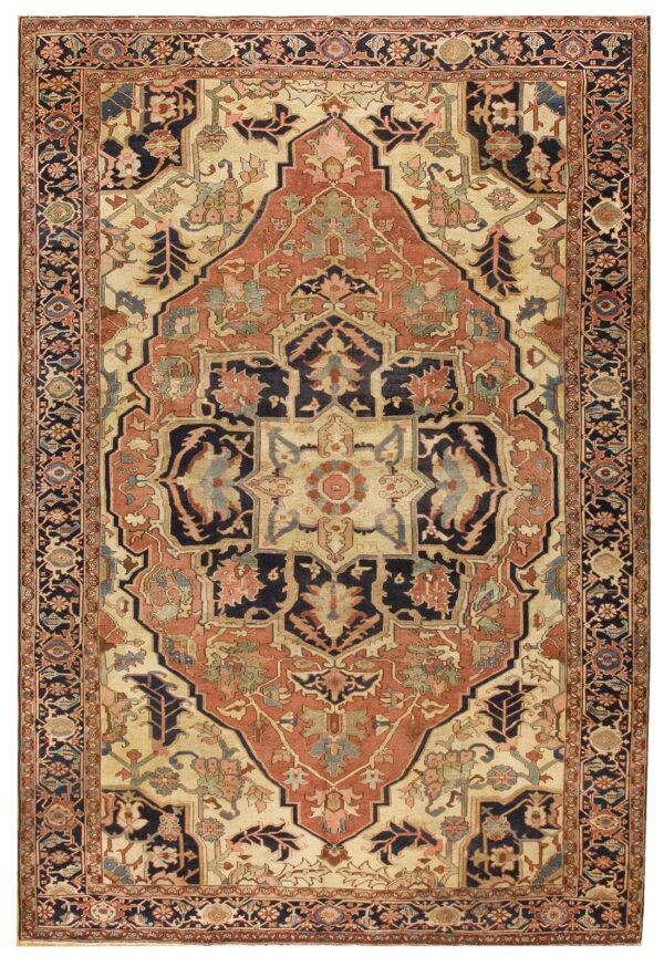 Traditional patterned rug with a large terracotta and navy central medallion and detailed botanical motifs on a tan background.