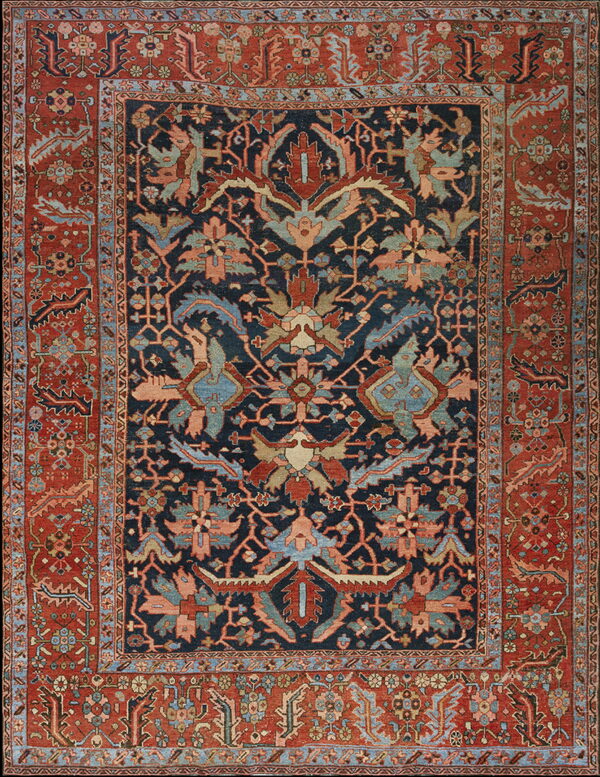 Rug with a dark blue field and intricate botanical patterns surrounded by a wide rust-colored border.