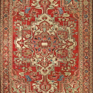 Traditional red rug with an intricate central stepped medallion in cream, teal, and pale pink geometric patterns.