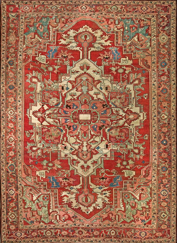 Traditional red rug with an intricate central stepped medallion in cream, teal, and pale pink geometric patterns.