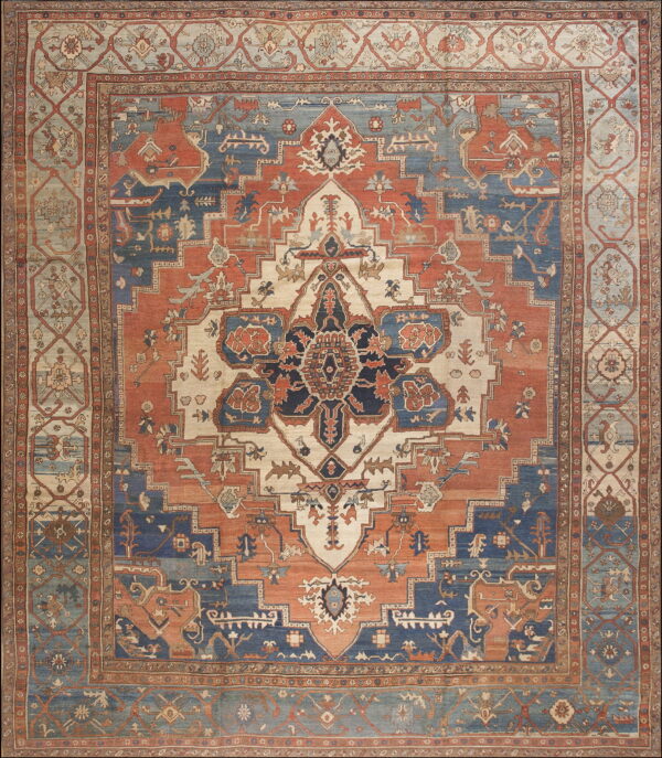 Large traditional rug featuring a central medallion and ornate borders in rust, navy, cream, and muted blue.