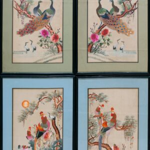 Antique Chinese square silk ivory textile rug with peacock and phoenix embroidery