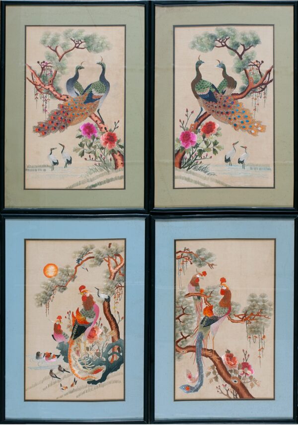 Antique chinese square silk ivory textile rug - small scatter size 1 Antique chinese square silk ivory textile rug with peacock and phoenix embroidery