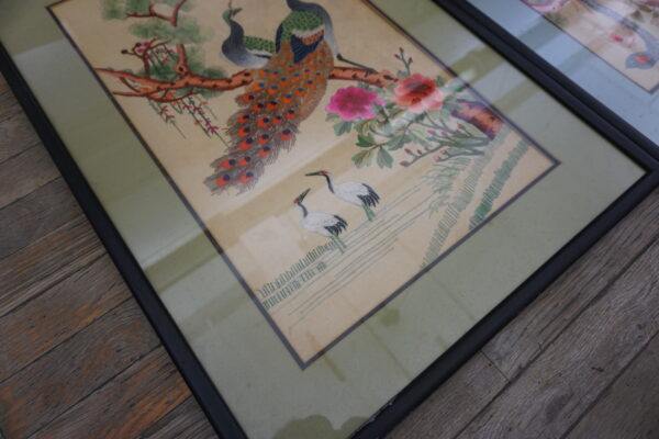 Antique chinese square silk ivory textile rug - small scatter size 4 Handcrafted square silk textile from china with intricate bird embroidery
