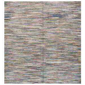 Textured rug displaying dense, multicolored horizontal stripes in shades of blue, red, green, and off-white.