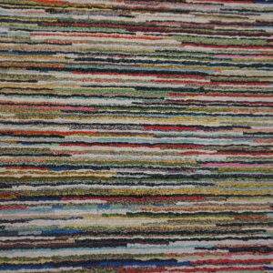 Highly textured rug with chunky, irregular horizontal stripes in numerous bright and dark colors.