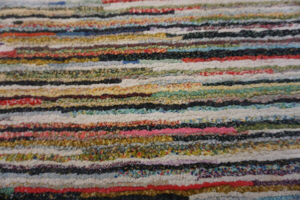 Detailed texture of a multicolor shag rug composed of thick horizontal bands in diverse bright colors.