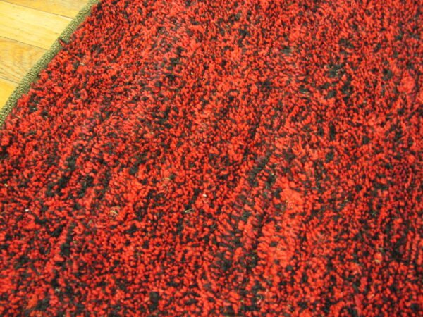 Red and black nubby pile rug texture with olive green trim visible against hardwood flooring.