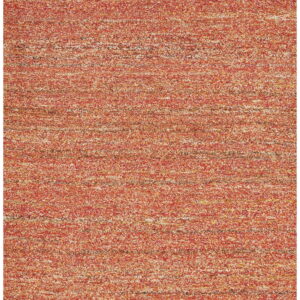 Textured red and orange speckled rug with a thick, solid olive green stripe at both ends.