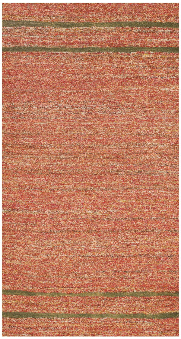 Textured red and orange speckled rug with a thick, solid olive green stripe at both ends.