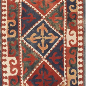 Red, navy, tan, and olive rug featuring geometric diamonds, stylized figures, and large scrolling borders.