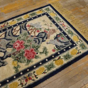 Textured beige rug with pink flowers, blue birds, and a navy border sits on worn wood planks.